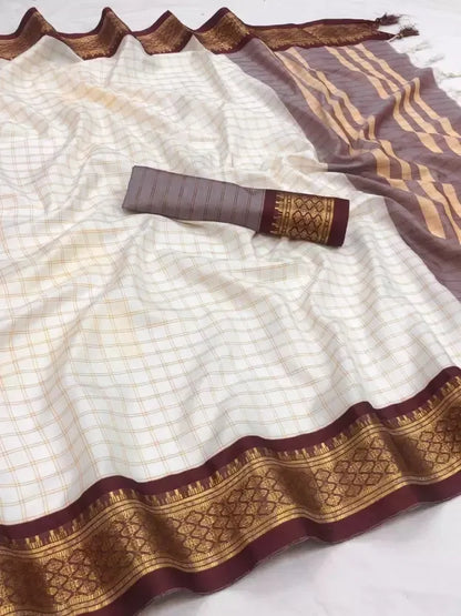 Nikhila Ivory White Saree with Royal Maroon Heritage Border & Mauve Striped Pallu