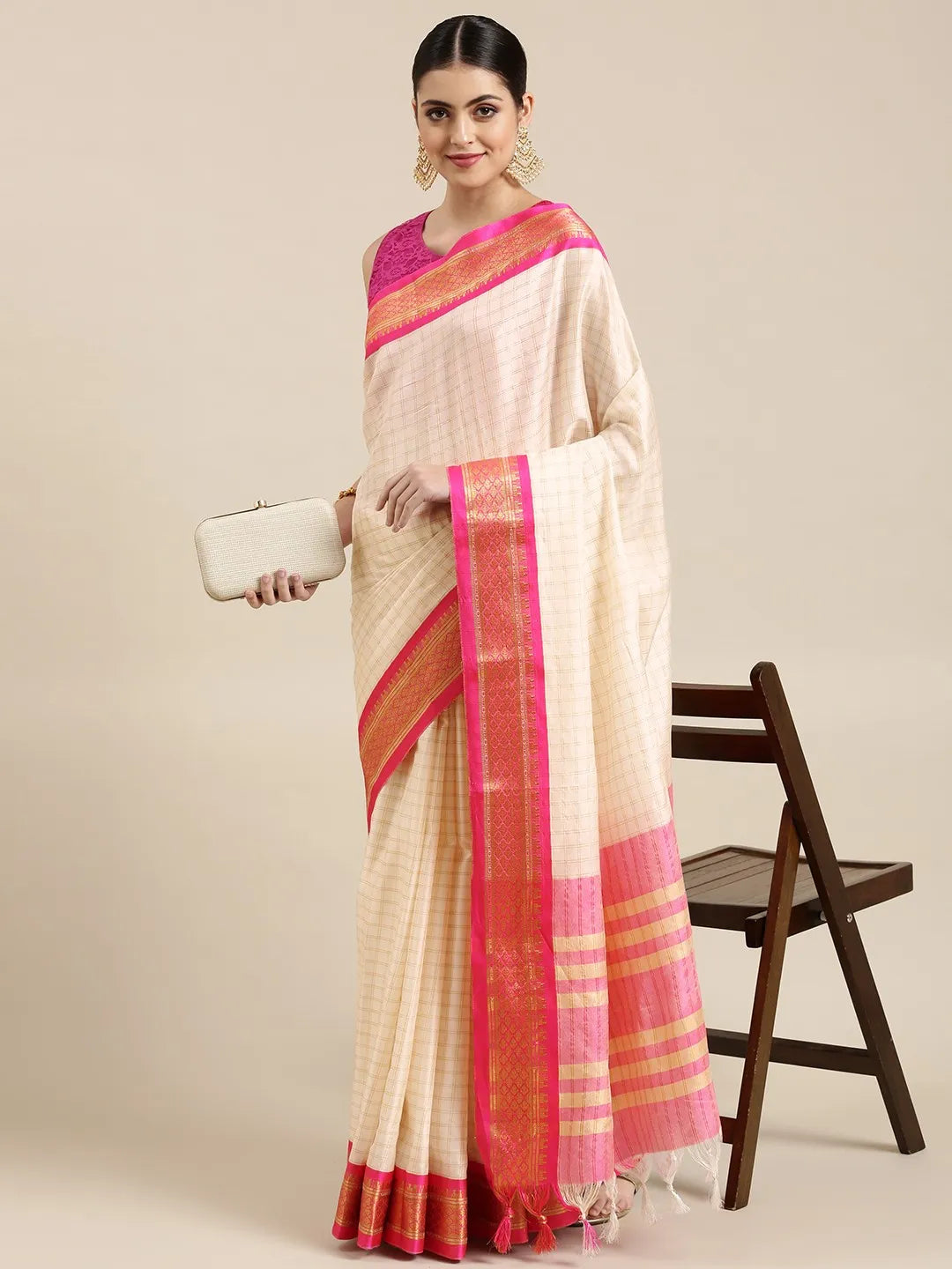 Nikhila Ivory White Saree with Rani Pink Heritage Border & Rose Pink Striped Pallu