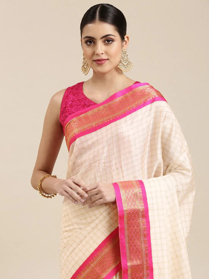 Nikhila Ivory White Saree with Rani Pink Heritage Border & Rose Pink Striped Pallu