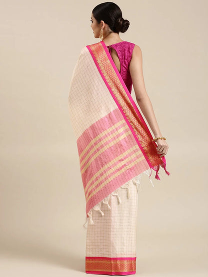 Nikhila Ivory White Saree with Rani Pink Heritage Border & Rose Pink Striped Pallu