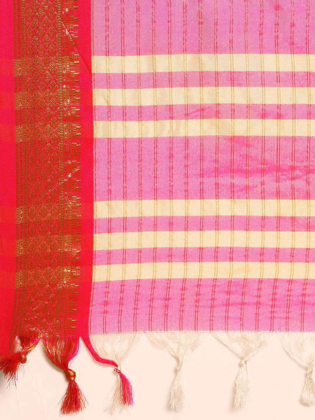 Nikhila Ivory White Saree with Rani Pink Heritage Border & Rose Pink Striped Pallu