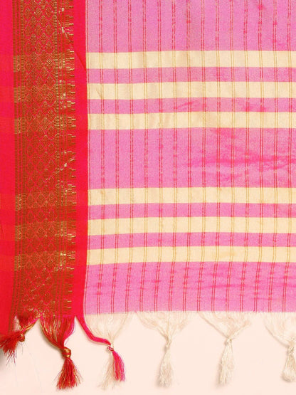 Nikhila Ivory White Saree with Rani Pink Heritage Border & Rose Pink Striped Pallu
