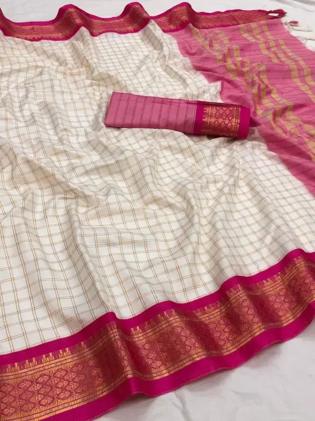 Nikhila Ivory White Saree with Rani Pink Heritage Border & Rose Pink Striped Pallu