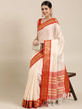 Nikhila Ivory White Saree with Vermilion Red Heritage Border & Rose Red Striped Pallu