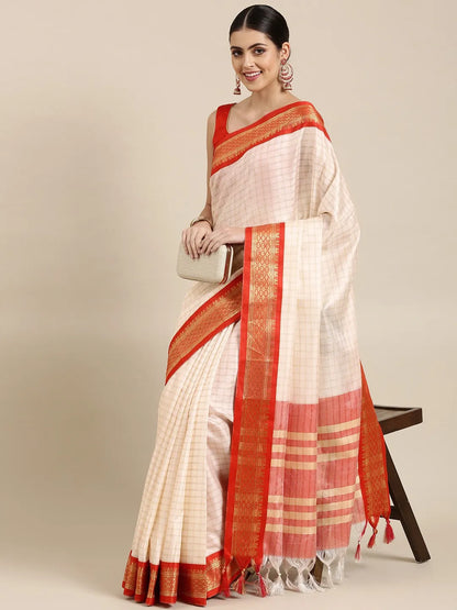 Nikhila Ivory White Saree with Vermilion Red Heritage Border & Rose Red Striped Pallu