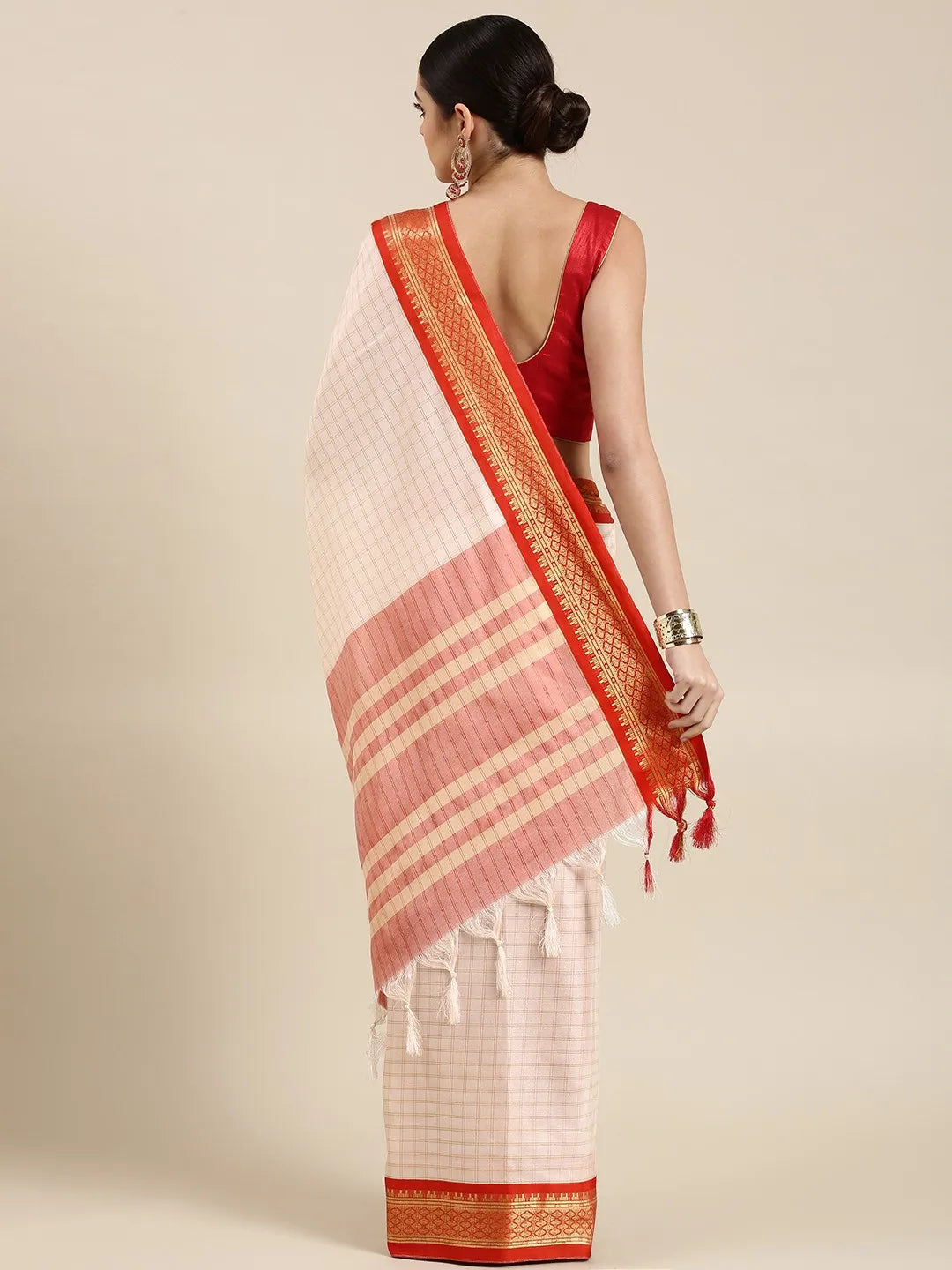 Nikhila Ivory White Saree with Vermilion Red Heritage Border & Rose Red Striped Pallu