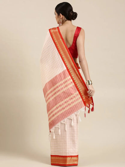 Nikhila Ivory White Saree with Vermilion Red Heritage Border & Rose Red Striped Pallu