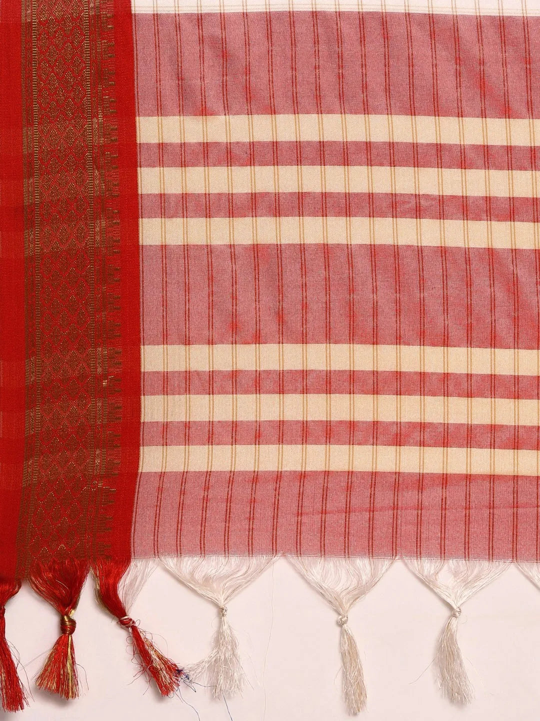 Nikhila Ivory White Saree with Vermilion Red Heritage Border & Rose Red Striped Pallu