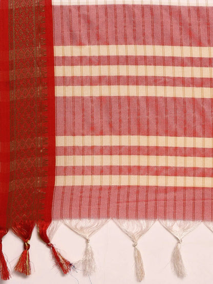 Nikhila Ivory White Saree with Vermilion Red Heritage Border & Rose Red Striped Pallu