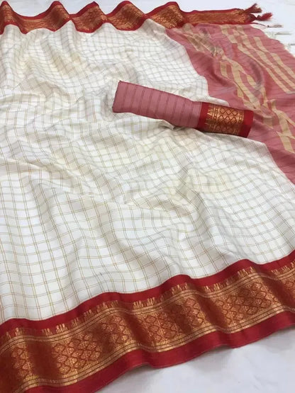 Nikhila Ivory White Saree with Vermilion Red Heritage Border & Rose Red Striped Pallu