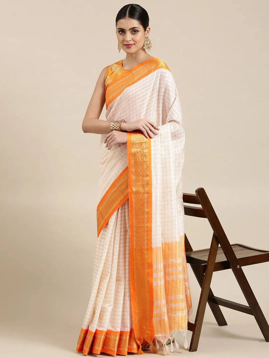 Nikhila Ivory White Saree with Saffron Orange Zari Border & Golden Striped Pallu
