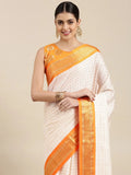Nikhila Ivory White Saree with Saffron Orange Zari Border & Golden Striped Pallu