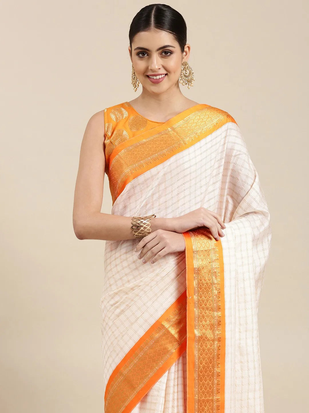 Nikhila Ivory White Saree with Saffron Orange Zari Border & Golden Striped Pallu