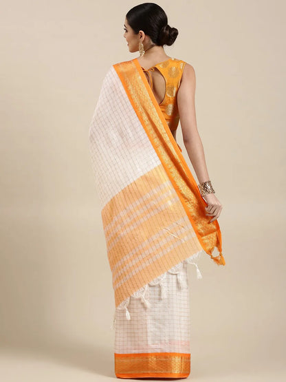 Nikhila Ivory White Saree with Saffron Orange Zari Border & Golden Striped Pallu