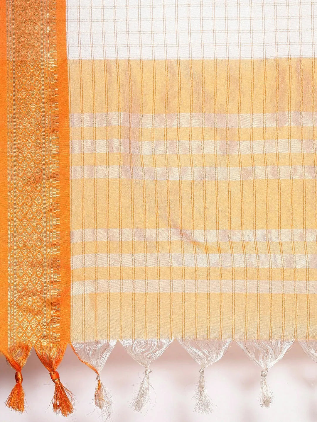 Nikhila Ivory White Saree with Saffron Orange Zari Border & Golden Striped Pallu