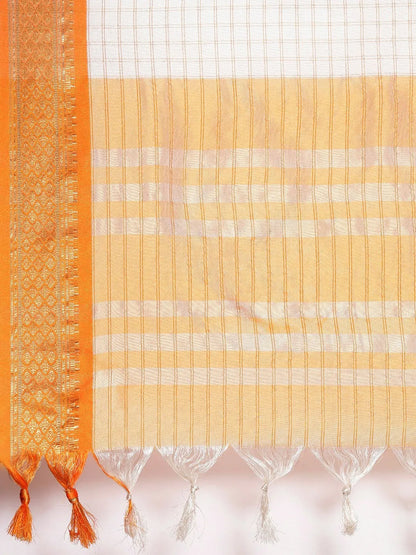 Nikhila Ivory White Saree with Saffron Orange Zari Border & Golden Striped Pallu