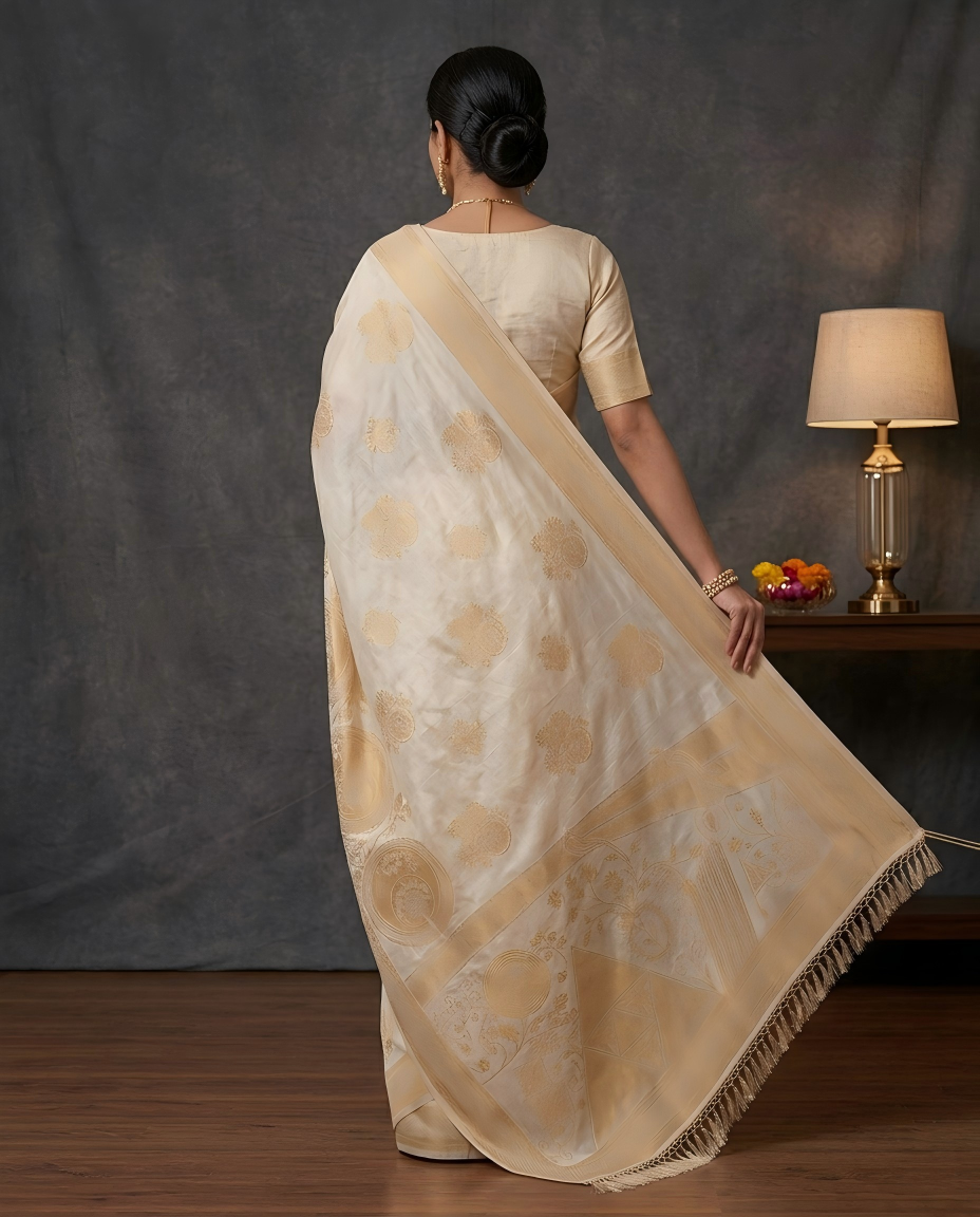 Royal Ivory Self Woven Banarasi Silk Saree Onam