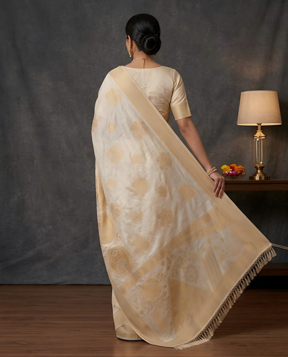 Royal Ivory Self Woven Banarasi Silk Saree Onam