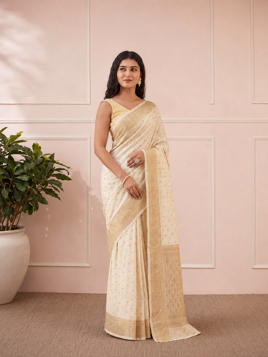 Luxury Ivory Gold Butti Banarasi Zari Woven Saree with Rich Pallu | Premium Wedding & Festive Wear