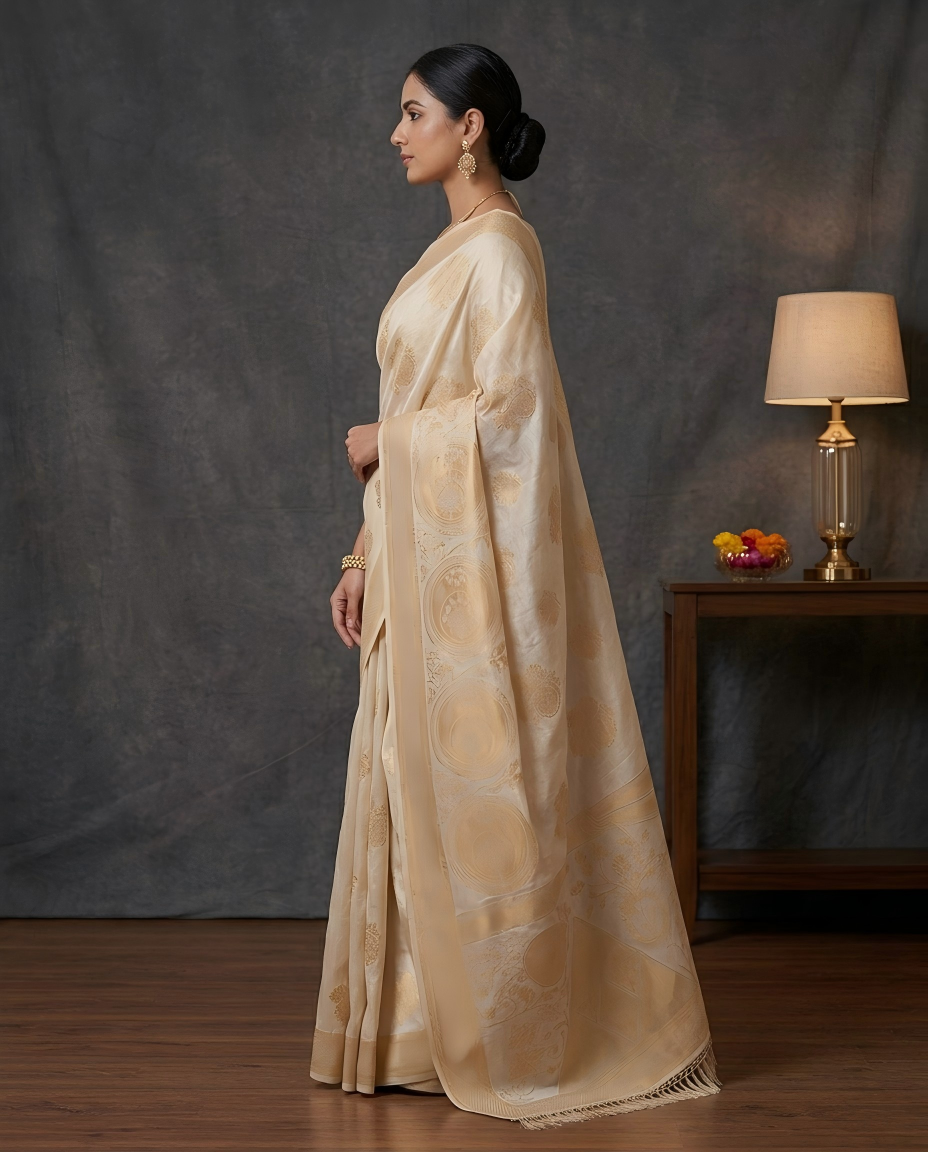 Royal Ivory Self Woven Banarasi Silk Saree Onam