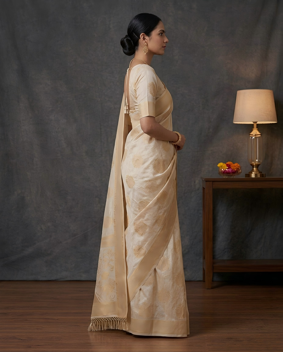 Royal Ivory Self Woven Banarasi Silk Saree Onam