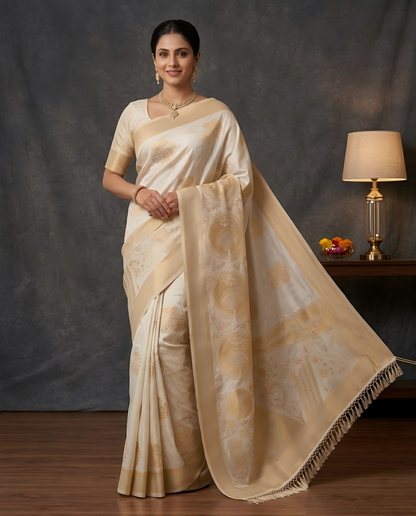 Royal Ivory Self Woven Banarasi Silk Saree Onam