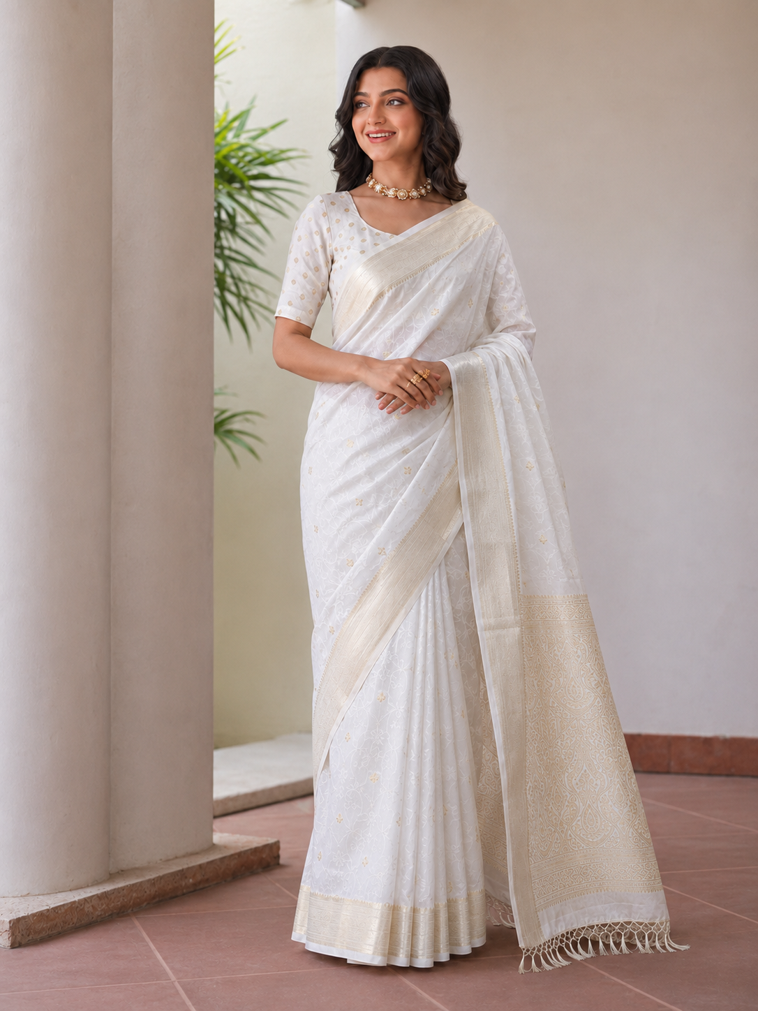 Premium Off White Gold Butti Zari Woven Saree with Rich Pallu & Tassels | Wedding & Festive Wear