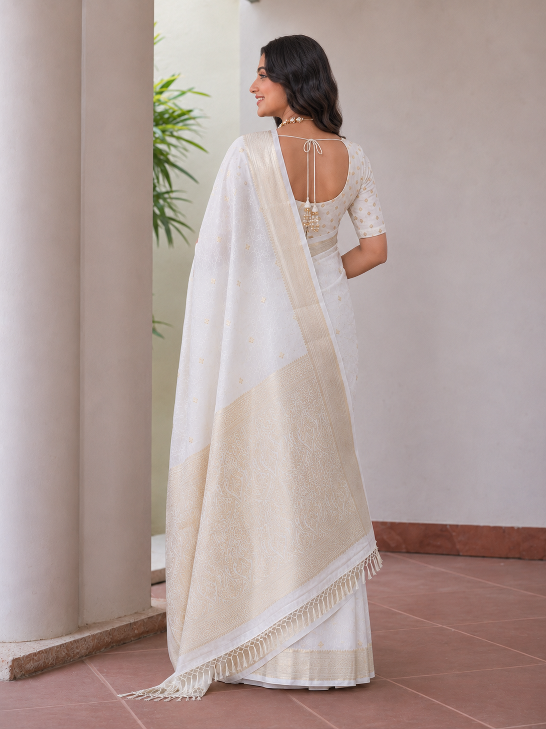 Premium Off White Gold Butti Zari Woven Saree with Rich Pallu & Tassels | Wedding & Festive Wear