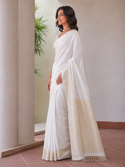 Premium Off White Gold Butti Zari Woven Saree with Rich Pallu & Tassels | Wedding & Festive Wear