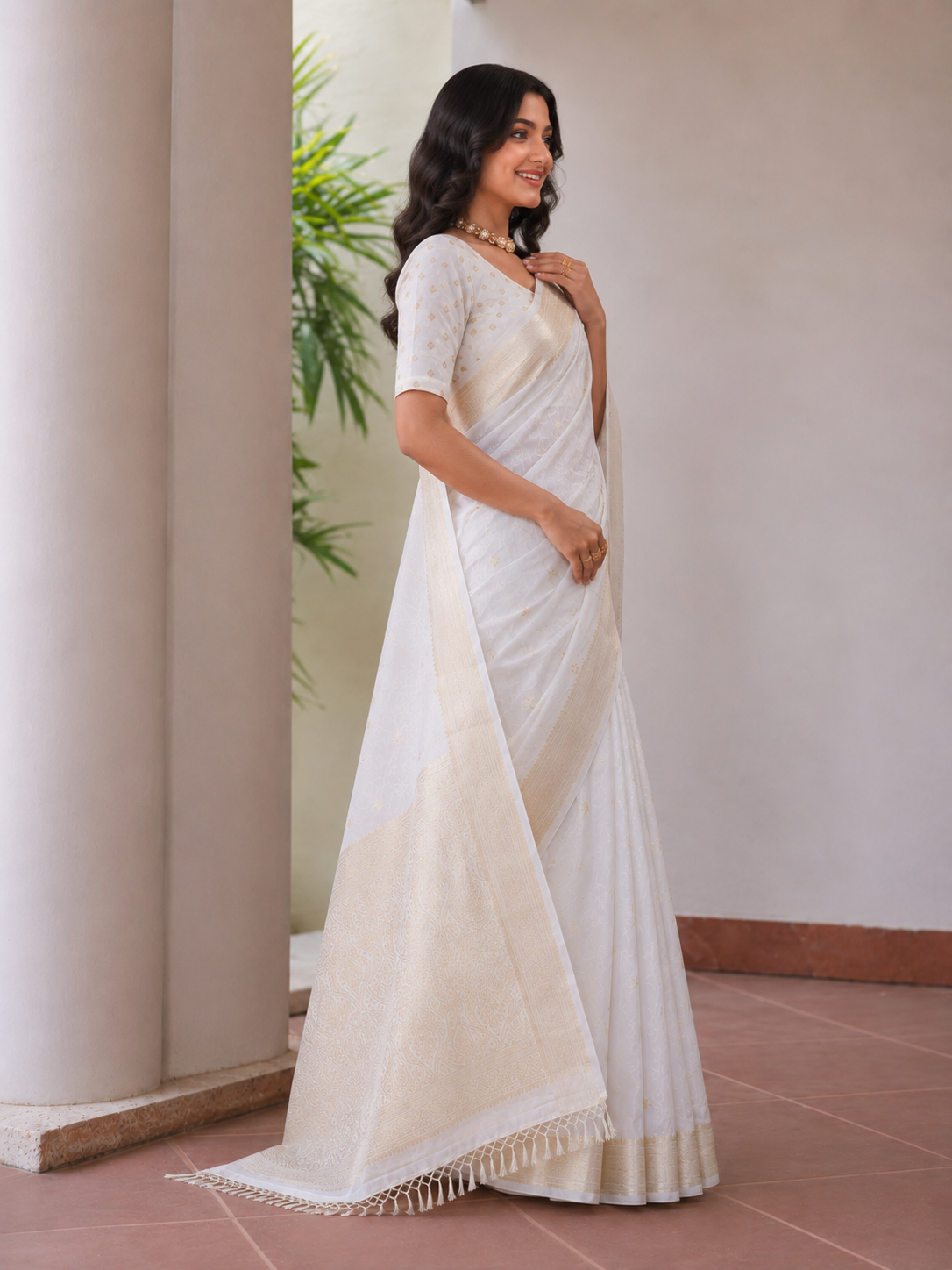 Premium Off White Gold Butti Zari Woven Saree with Rich Pallu & Tassels | Wedding & Festive Wear