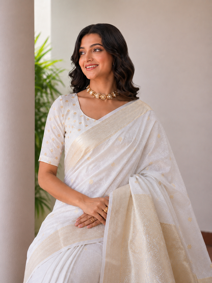 Premium Off White Gold Butti Zari Woven Saree with Rich Pallu & Tassels | Wedding & Festive Wear