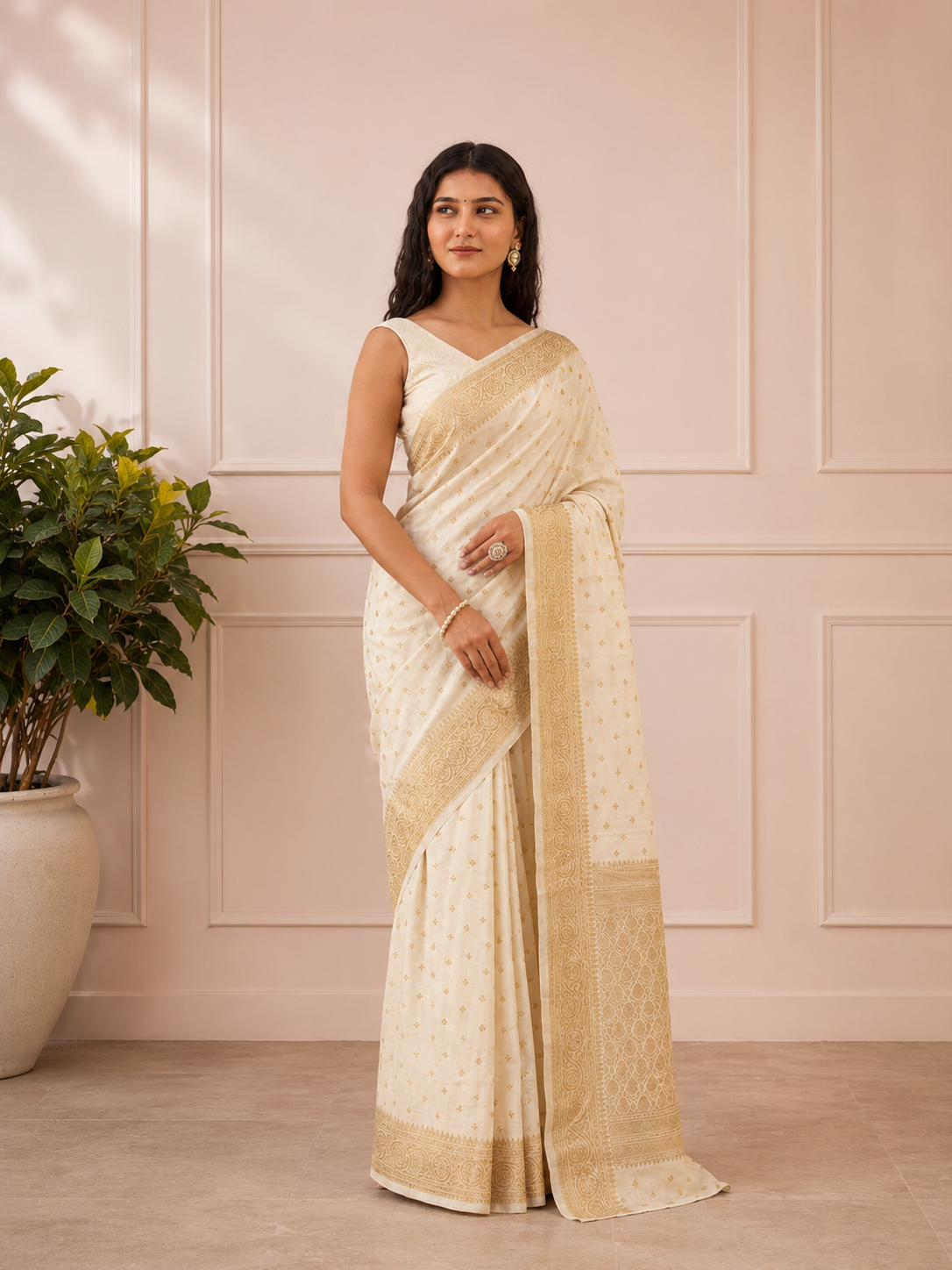 Luxury Ivory Gold Butti Banarasi Zari Woven Saree with Rich Pallu | Premium Wedding & Festive Wear