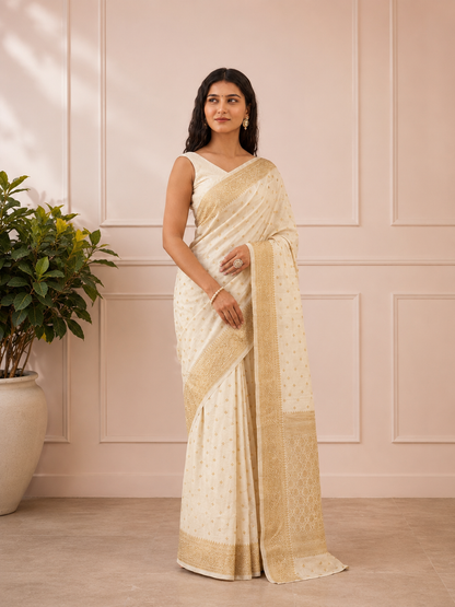 Luxury Ivory Gold Butti Banarasi Zari Woven Saree with Rich Pallu | Premium Wedding & Festive Wear