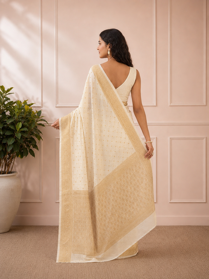 Luxury Ivory Gold Butti Banarasi Zari Woven Saree with Rich Pallu | Premium Wedding & Festive Wear