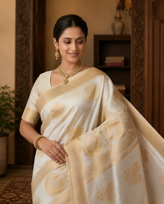 Royal Ivory Self Woven Banarasi Silk Saree Onam