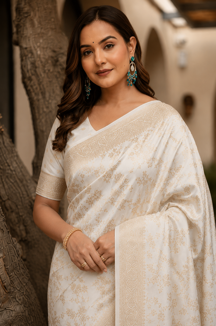 Ivory Gold Banarasi Silk Saree