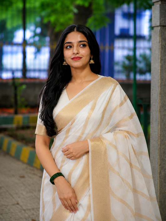 Elegant Off White Gold Zari Woven Saree with Rich Border | Premium Festive & Wedding Wear