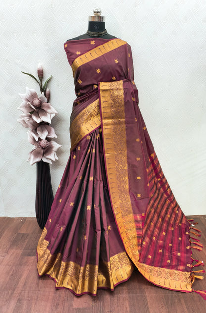 Rajnidhi Wine Purple Paithani Silk Saree with Antique Gold Floral Zari Border