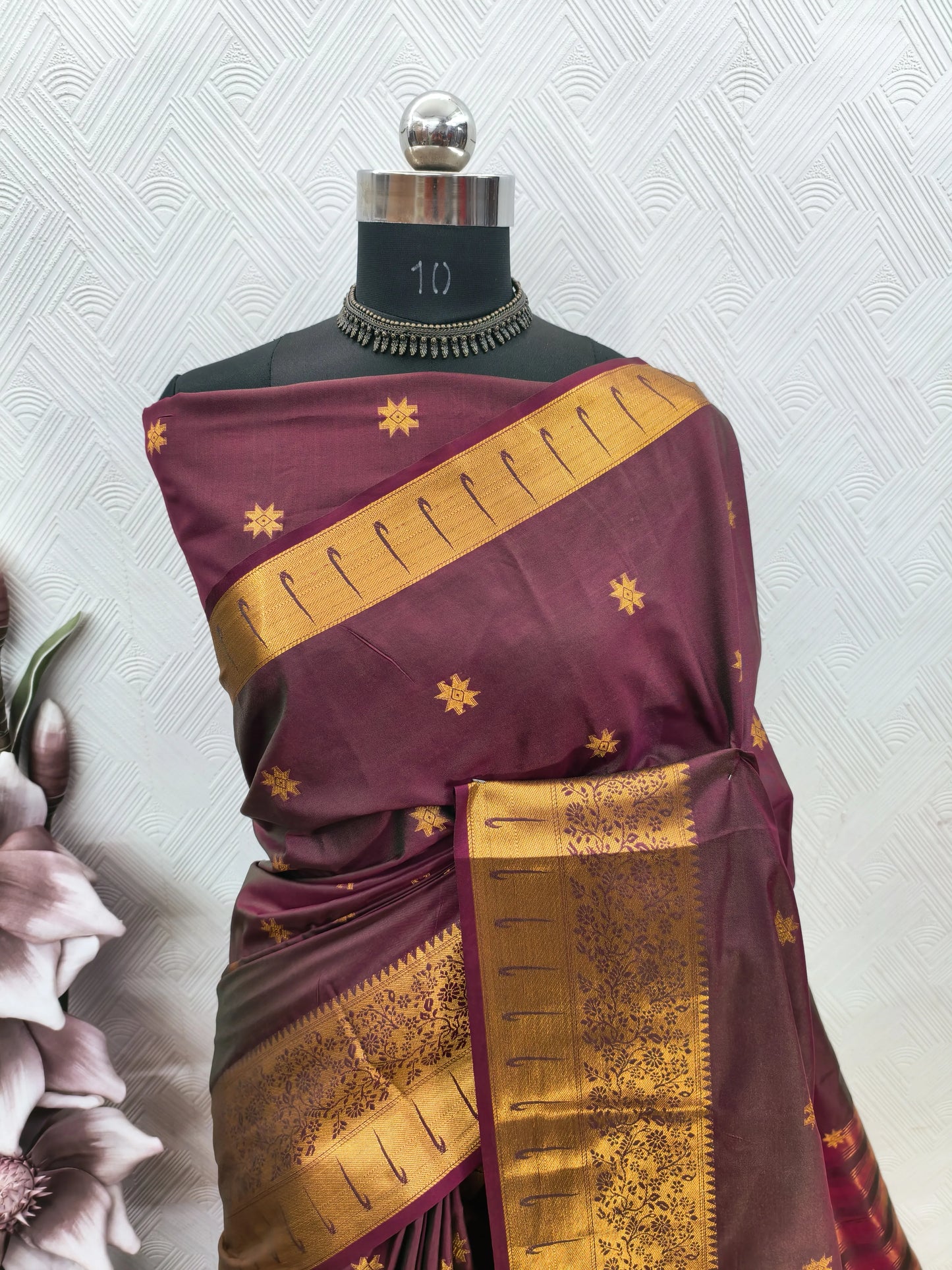 Rajnidhi Wine Purple Paithani Silk Saree with Antique Gold Floral Zari Border