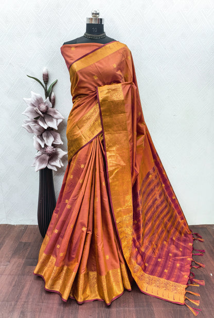 Rajeshwari Copper Orange Paithani Silk Saree with Antique Gold Zari Border