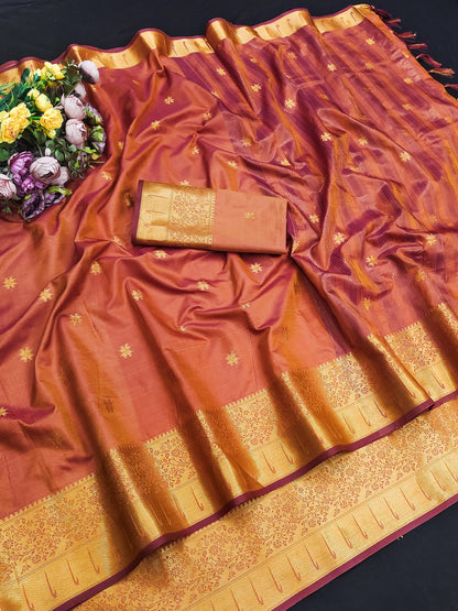 Rajeshwari Copper Orange Paithani Silk Saree with Antique Gold Zari Border