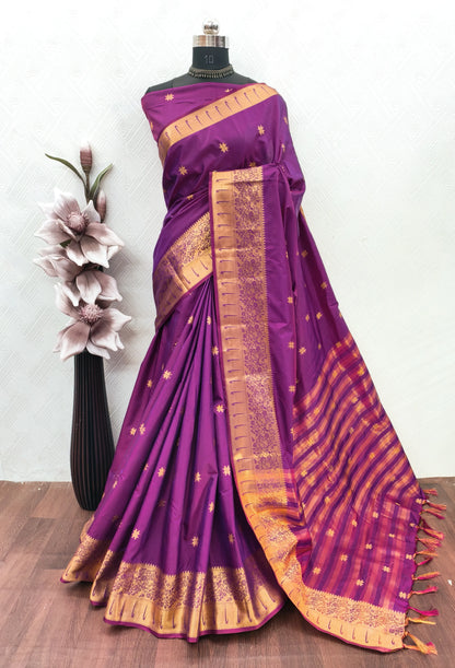 Rajeshwari Violet Paithani Silk Saree with Gold Zari Border & Striped Pallu