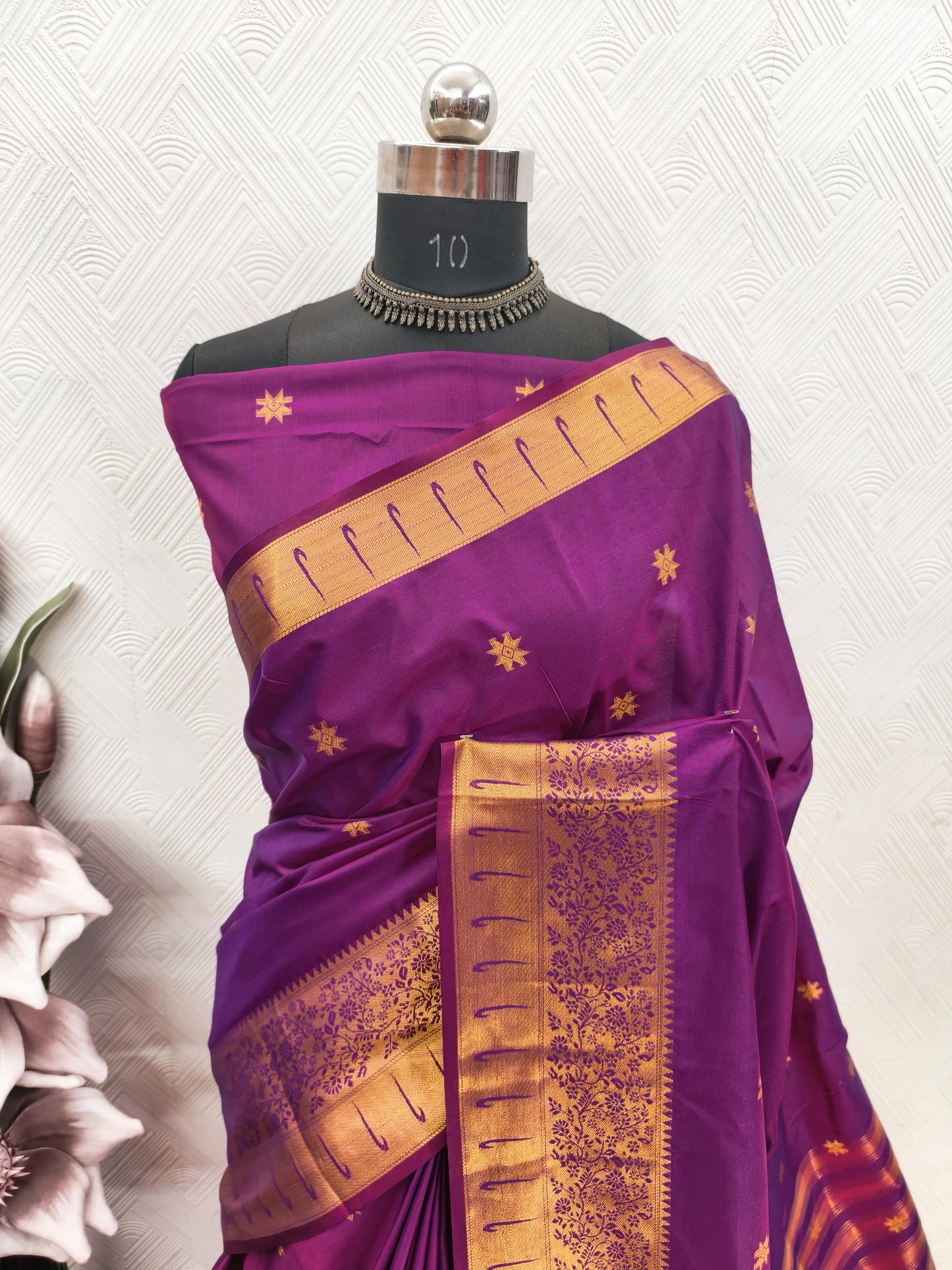 Rajeshwari Violet Paithani Silk Saree with Gold Zari Border & Striped Pallu