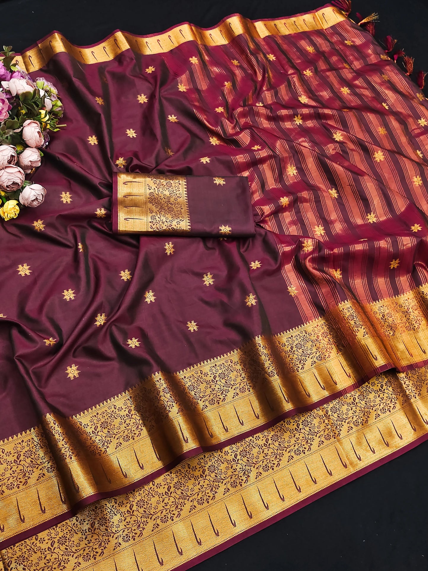 Rajnidhi Wine Purple Paithani Silk Saree with Antique Gold Floral Zari Border
