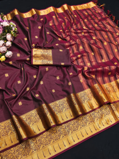 Rajnidhi Wine Purple Paithani Silk Saree with Antique Gold Floral Zari Border