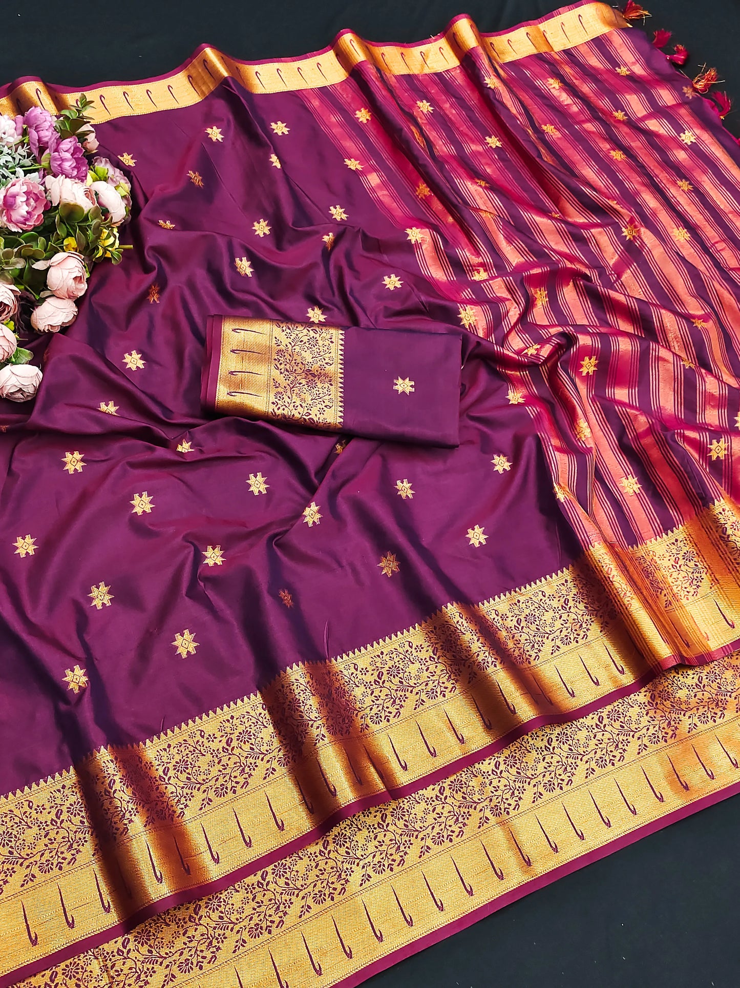Rajeshwari Royal Purple Paithani Silk Saree with Antique Gold Zari Border
