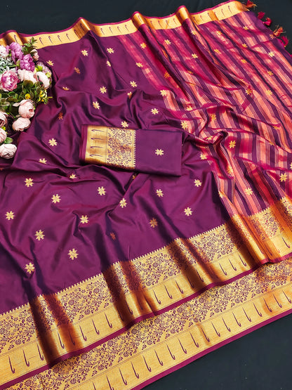 Rajeshwari Royal Purple Paithani Silk Saree with Antique Gold Zari Border
