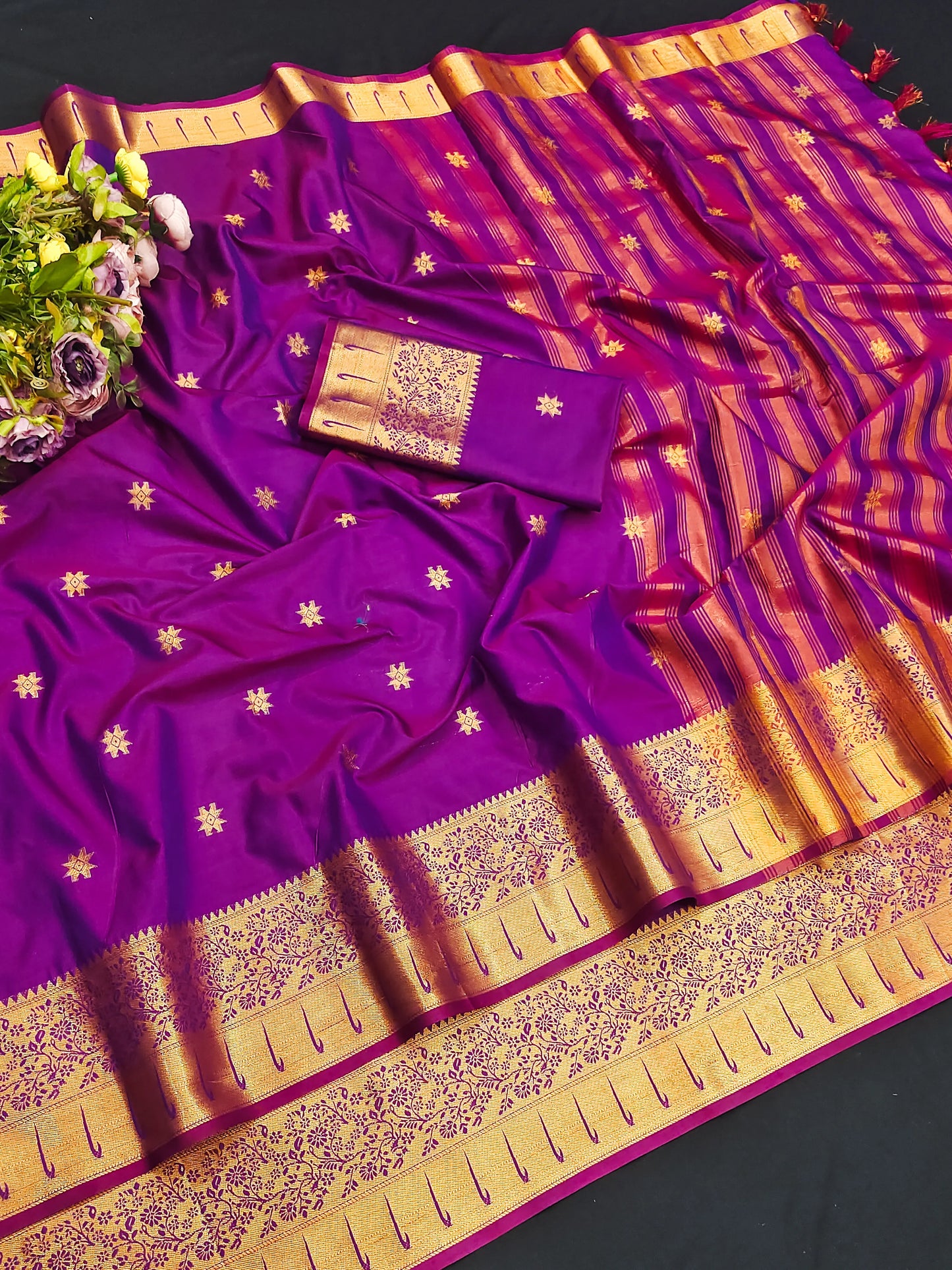 Rajeshwari Violet Paithani Silk Saree with Gold Zari Border & Striped Pallu