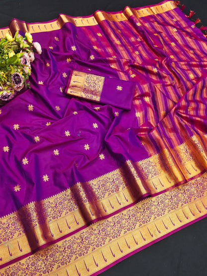 Rajeshwari Violet Paithani Silk Saree with Gold Zari Border & Striped Pallu