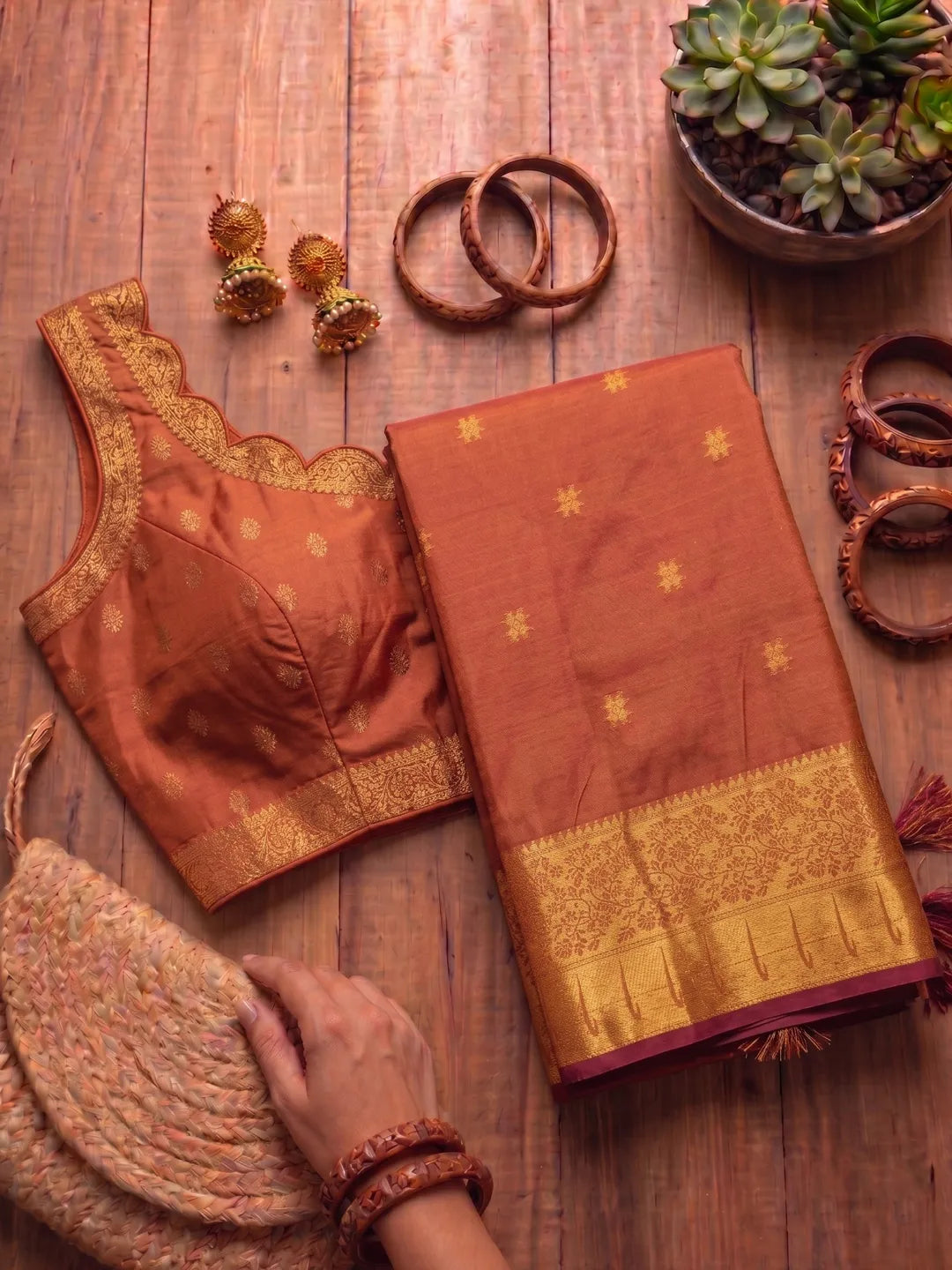 Rajeshwari Copper Orange Paithani Silk Saree with Antique Gold Zari Border